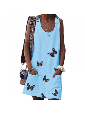 Womens Summer Butterfly Print Dress Casual Dresses Ladies Holiday Beach Sundress