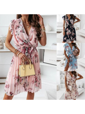 Women V Neck Floral Print Boho Mini Dress Ladies Summer Beach Holiday Sundress