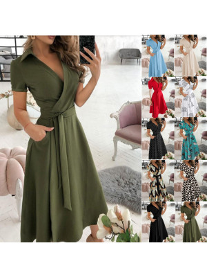 Womens Summer Short Sleeve Midi Dress Holiday Casual Party V Neck Beach Sundress