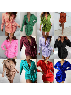 Womens Summer Plain V Neck Mini Dress Ladies Casual Party Long Sleeve Sundress