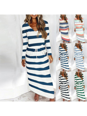 Womens Long Sleeve Midi Dress Ladies V Neck Stripe Printing Drawstring Dresses 