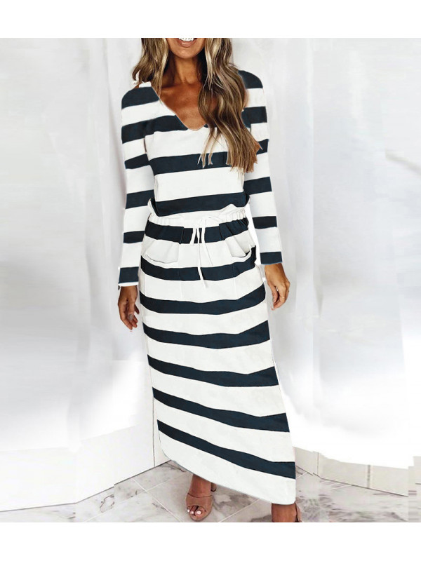 Womens Long Sleeve Midi Dress Ladies V Neck Stripe Printing Drawstring Dresses 