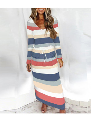 Womens Long Sleeve Midi Dress Ladies V Neck Stripe Printing Drawstring Dresses 