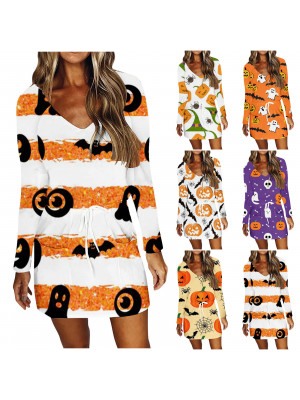 Womens Halloween Pumpkin Head Print Drawstring Dress Mini Tunic V Neck Dresses 