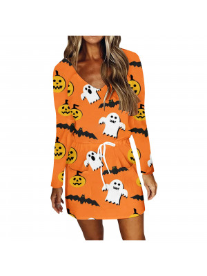 Womens Halloween Pumpkin Head Print Drawstring Dress Mini Tunic V Neck Dresses 