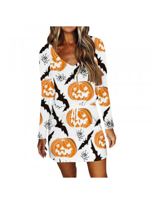 Womens Halloween Pumpkin Head Print Drawstring Dress Mini Tunic V Neck Dresses 