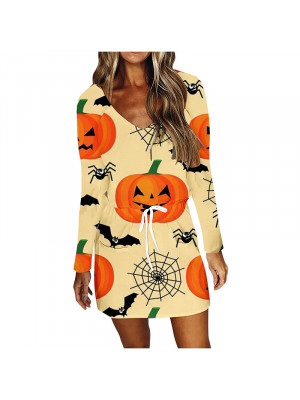 Womens Halloween Pumpkin Head Print Drawstring Dress Mini Tunic V Neck Dresses 