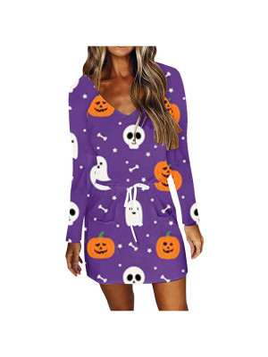 Womens Halloween Pumpkin Head Print Drawstring Dress Mini Tunic V Neck Dresses 