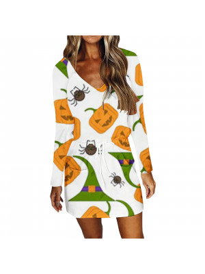 Womens Halloween Pumpkin Head Print Drawstring Dress Mini Tunic V Neck Dresses 