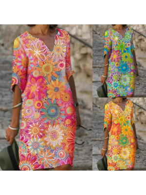 Womens Flowers Printing V Neck Midi Dress Ladies Holiday Summer Casual Sundress