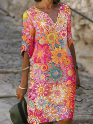 Womens Flowers Printing V Neck Midi Dress Ladies Holiday Summer Casual Sundress