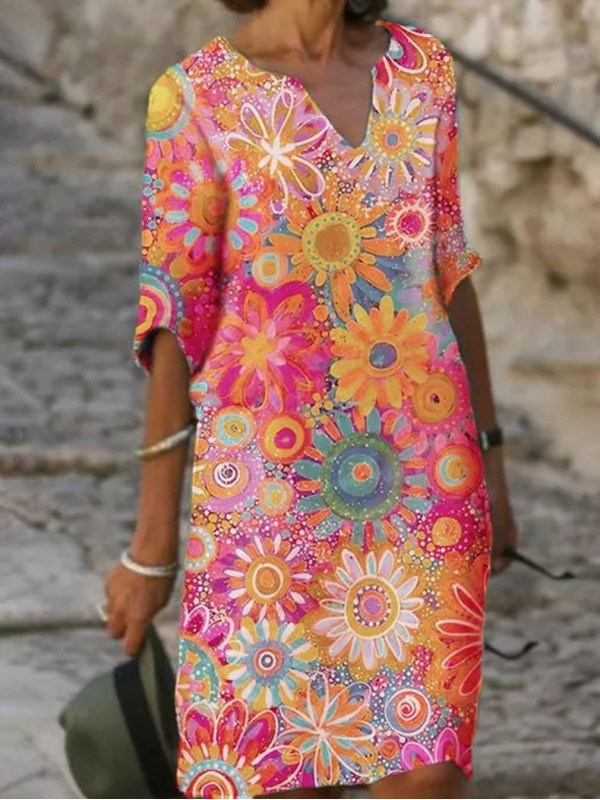 Womens Flowers Printing V Neck Midi Dress Ladies Holiday Summer Casual Sundress