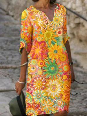 Womens Flowers Printing V Neck Midi Dress Ladies Holiday Summer Casual Sundress