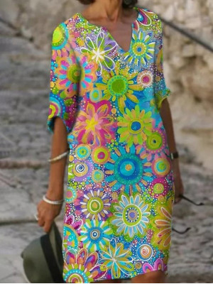 Womens Flowers Printing V Neck Midi Dress Ladies Holiday Summer Casual Sundress