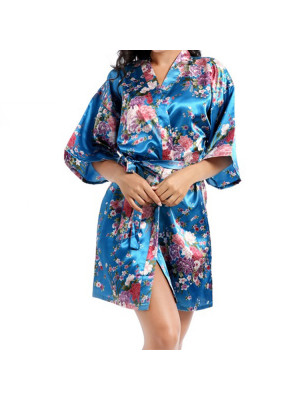 Womens Floral Satin Short Robe Wedding Bride Bridesmaid Dressing Kimono Bathrobe