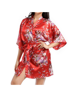 Womens Floral Satin Short Robe Wedding Bride Bridesmaid Dressing Kimono Bathrobe