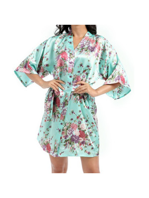 Womens Floral Satin Short Robe Wedding Bride Bridesmaid Dressing Kimono Bathrobe