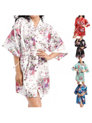 Womens Floral Satin Short Robe Wedding Bride Bridesmaid Dressing Kimono Bathrobe