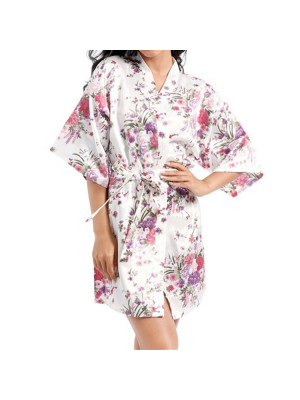 Womens Floral Satin Short Robe Wedding Bride Bridesmaid Dressing Kimono Bathrobe