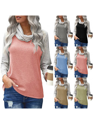 Womens Ladies Long Sleeve High Neck T Shirt Stripe Color Matching Tops Blouse