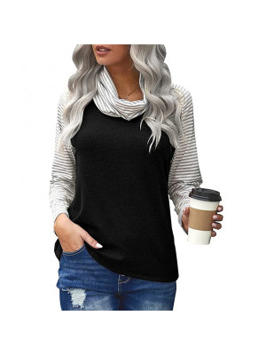 Womens Ladies Long Sleeve High Neck T Shirt Stripe Color Matching Tops Blouse