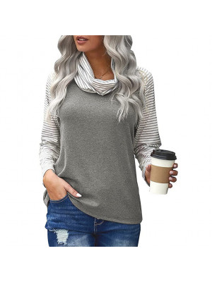 Womens Ladies Long Sleeve High Neck T Shirt Stripe Color Matching Tops Blouse