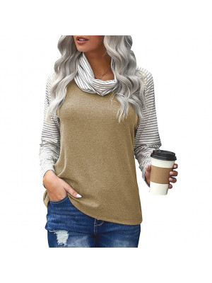 Womens Ladies Long Sleeve High Neck T Shirt Stripe Color Matching Tops Blouse