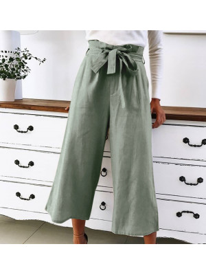 Womens Summer Elastic Waist Casual Loose Trousers Wide Leg Drawstring Pants UK