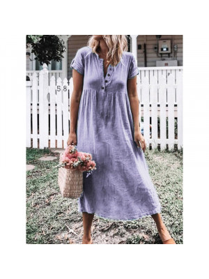 Womens Round Neck Dress Short Sleeve Pullover Button Midi Sundress Plus Size