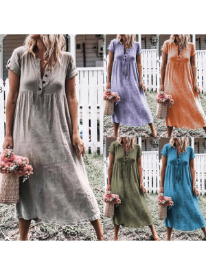 Womens Round Neck Dress Short Sleeve Pullover Button Midi Sundress Plus Size