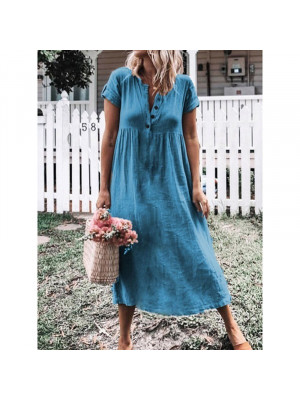 Womens Round Neck Dress Short Sleeve Pullover Button Midi Sundress Plus Size