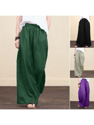 Womens Casual Cotton Linen Baggy Wide Leg Pants Loose Palazzo Flared Trousers