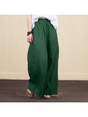 Womens Casual Cotton Linen Baggy Wide Leg Pants Loose Palazzo Flared Trousers