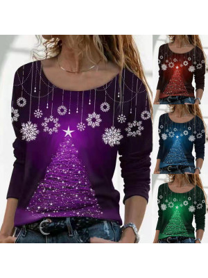 Womens Casual Print Blouse Baggy Tops Ladies Christmas Long Sleeve Pullover Tee