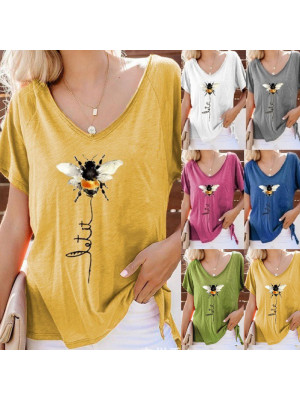 Womens Bee Short Sleeve Loose Blouse V Neck Tops T Shirts Pullover Plus Size UK