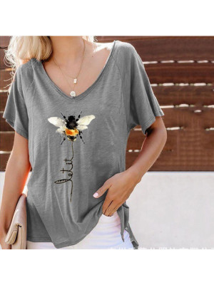 Womens Bee Short Sleeve Loose Blouse V Neck Tops T Shirts Pullover Plus Size UK