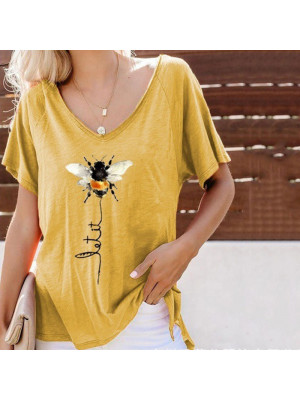 Womens Bee Short Sleeve Loose Blouse V Neck Tops T Shirts Pullover Plus Size UK