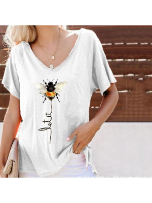 Womens Bee Short Sleeve Loose Blouse V Neck Tops T Shirts Pullover Plus Size UK