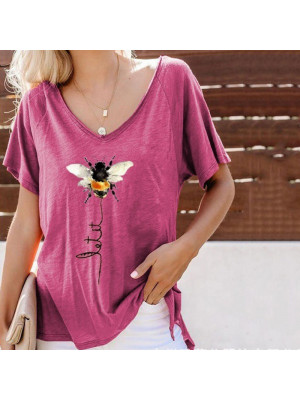 Womens Bee Short Sleeve Loose Blouse V Neck Tops T Shirts Pullover Plus Size UK