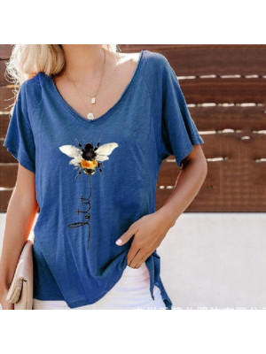 Womens Bee Short Sleeve Loose Blouse V Neck Tops T Shirts Pullover Plus Size UK