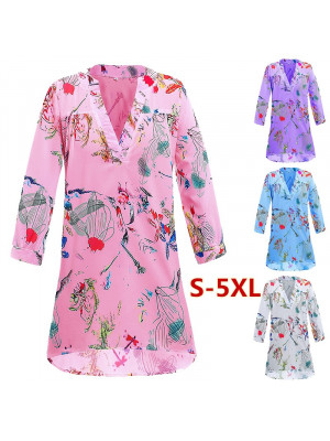 Womens Summer Floral Tops V Neck T Shirt Ladies Casual Baggy Tunic Blouse Beach