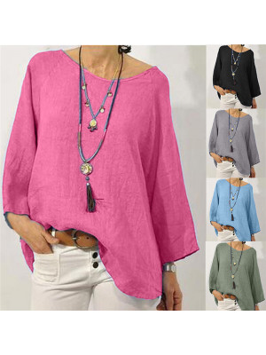 Womens Tunic Cotton Linen Pullover Blouse Tops Ladies Baggy Long Sleeve T-Shirt