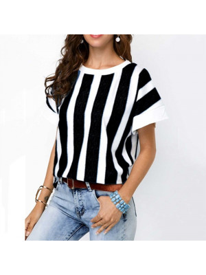 Womens Stripe Tunic Pullover Blouse Tops Ladies Baggy Short Sleeve T-Shirt Beach