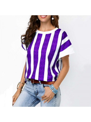 Womens Stripe Tunic Pullover Blouse Tops Ladies Baggy Short Sleeve T-Shirt Beach