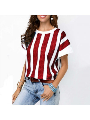 Womens Stripe Tunic Pullover Blouse Tops Ladies Baggy Short Sleeve T-Shirt Beach