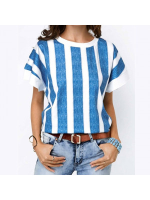 Womens Stripe Tunic Pullover Blouse Tops Ladies Baggy Short Sleeve T-Shirt Beach