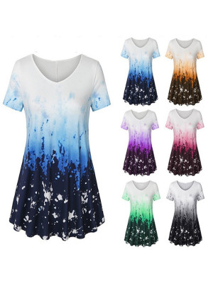 Womens Tie Dye Tunic Gradient Pullover Blouse Tops Baggy Short Sleeve T Shirts