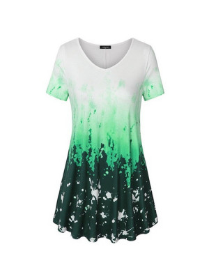 Womens Tie Dye Tunic Gradient Pullover Blouse Tops Baggy Short Sleeve T Shirts