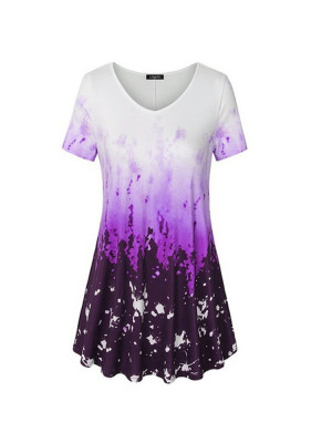 Womens Tie Dye Tunic Gradient Pullover Blouse Tops Baggy Short Sleeve T Shirts