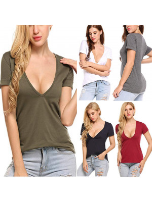 Women Deep V Neck Short Sleeve T Shirt Tops Sexy Ladies Summer Sweatshirt Blouse